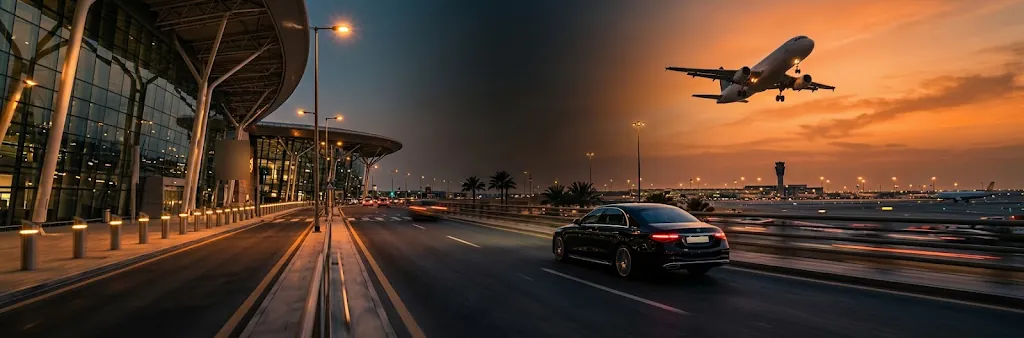Mercedes S-Class leaving a Saudi airport terminal at dusk as a plane takes off