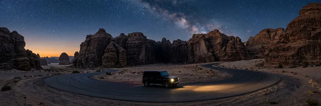 Luxury SUV on a winding desert road in AlUla under a starry sky