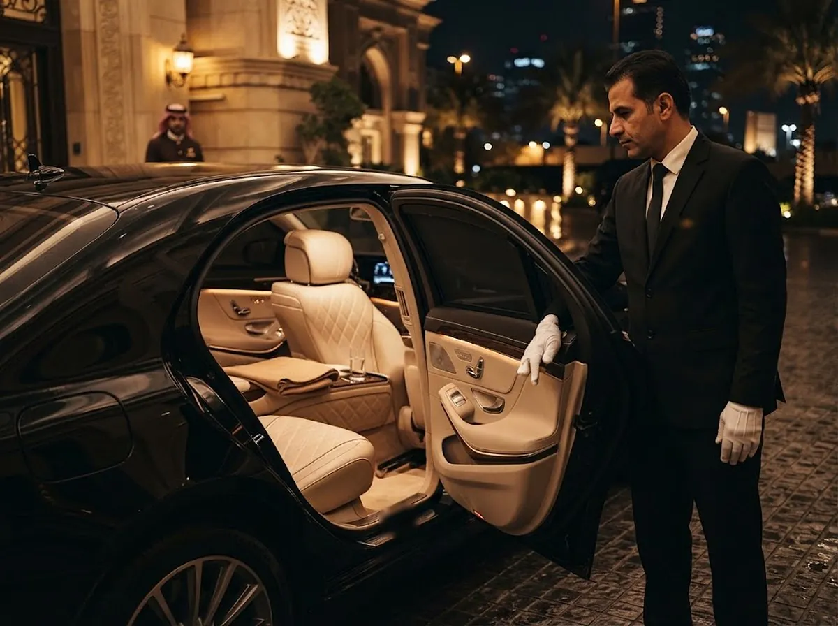 Chauffeur in white gloves opening the rear door to a cream leather cabin