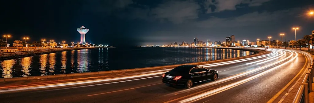 Black sedan on the Al Khobar Corniche at night with the water tower