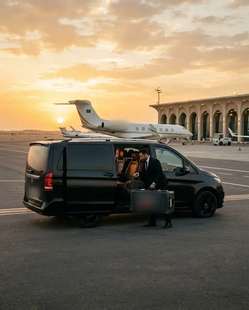 Chauffeur welcoming travellers to a van at the airport