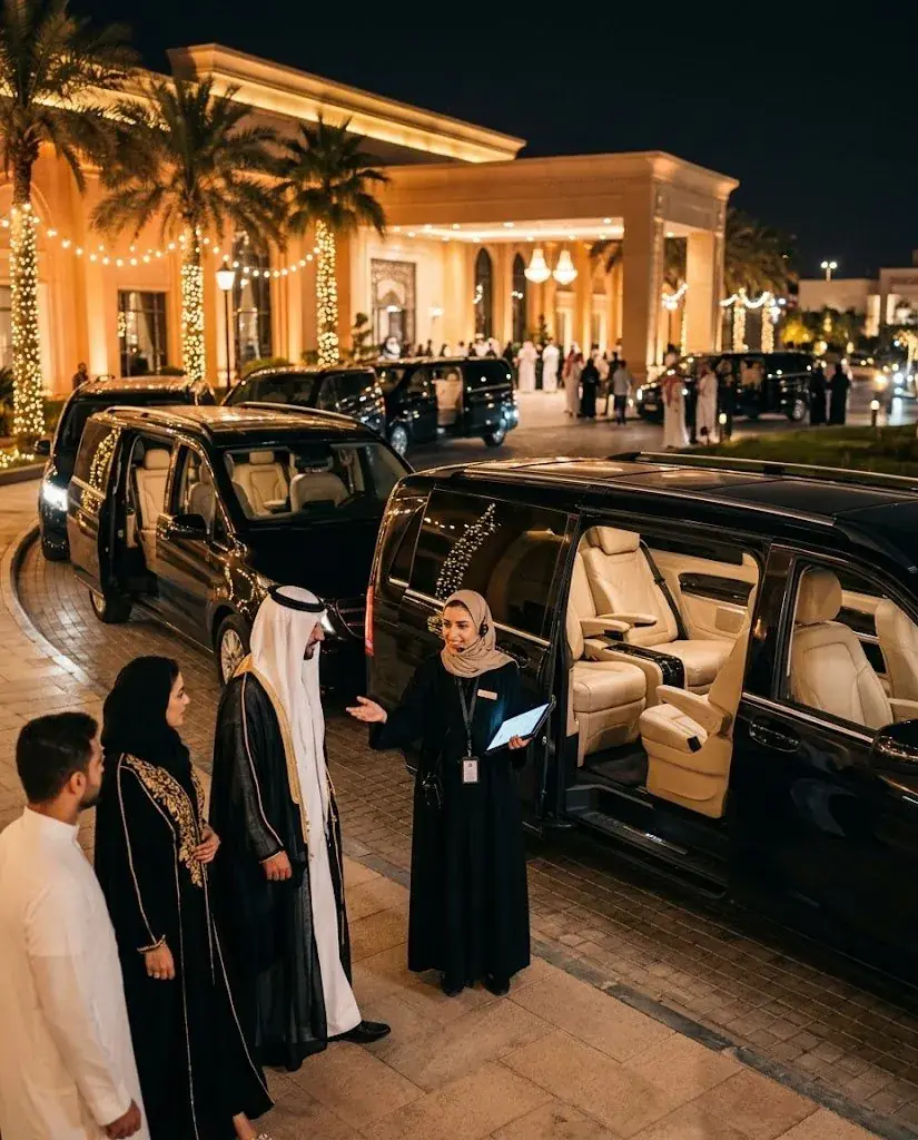 Event coordinator beside premium shuttle vans
