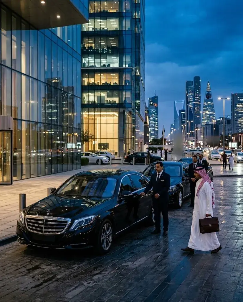 Executive sedans and chauffeurs lined up at a hotel