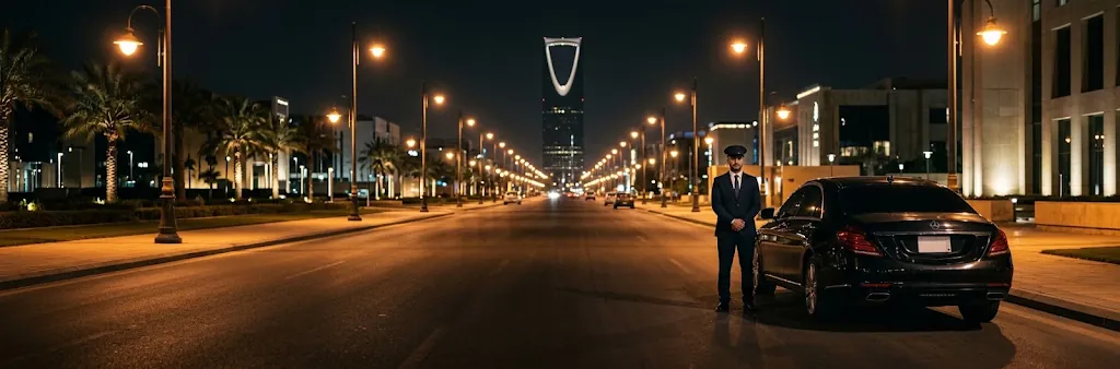 Chauffeur waiting beside a black sedan on a Riyadh boulevard at night
