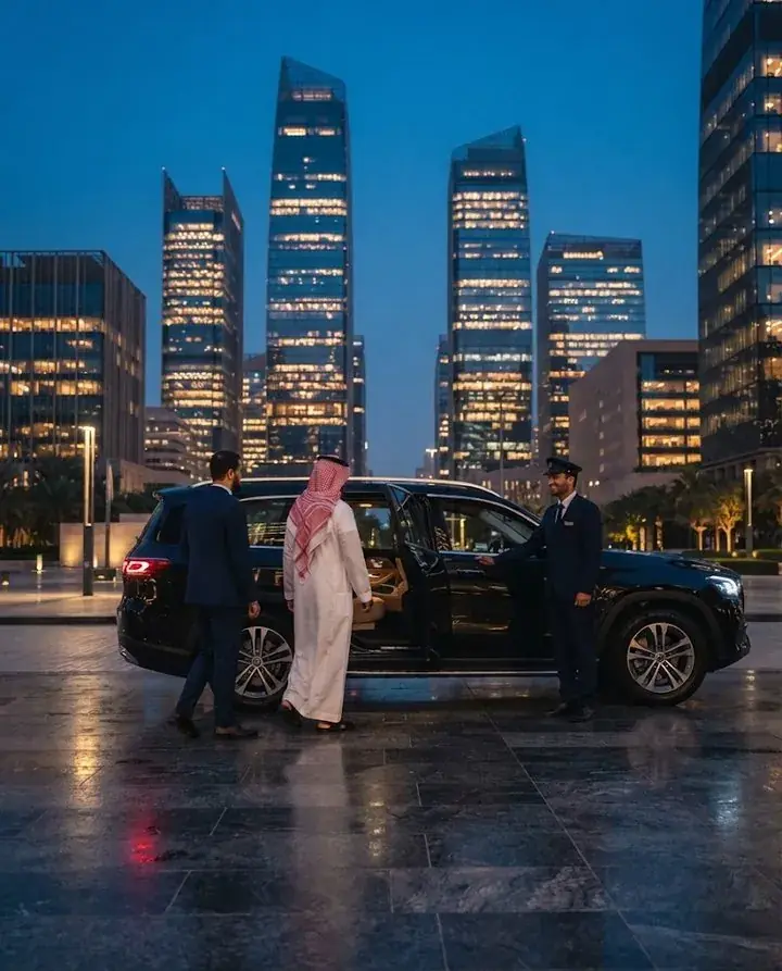 Executives stepping into a chauffeur-driven SUV in Riyadh