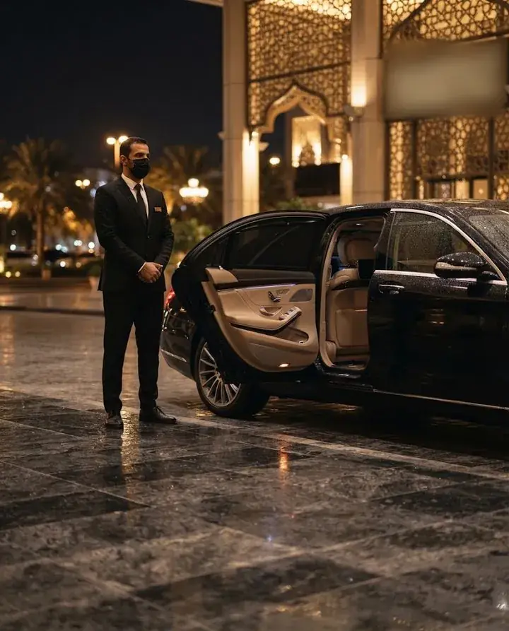 Chauffeur waiting beside a luxury sedan at a hotel entrance